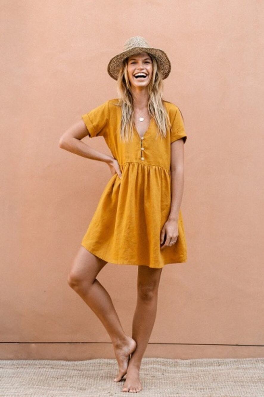 Rove Sunchaser Mini Dress turmeric linen Gold Medium M